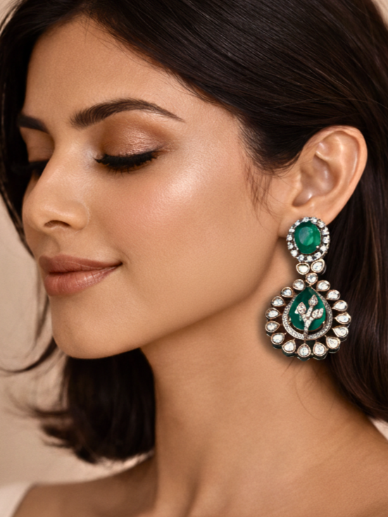 Emerald Polki Drop Earrings with Leaf Motif & Kundan Detailing