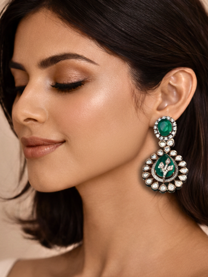 Emerald Polki Drop Earrings with Leaf Motif & Kundan Detailing