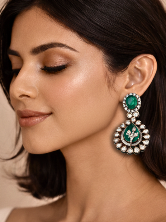 Emerald Polki Drop Earrings with Leaf Motif & Kundan Detailing