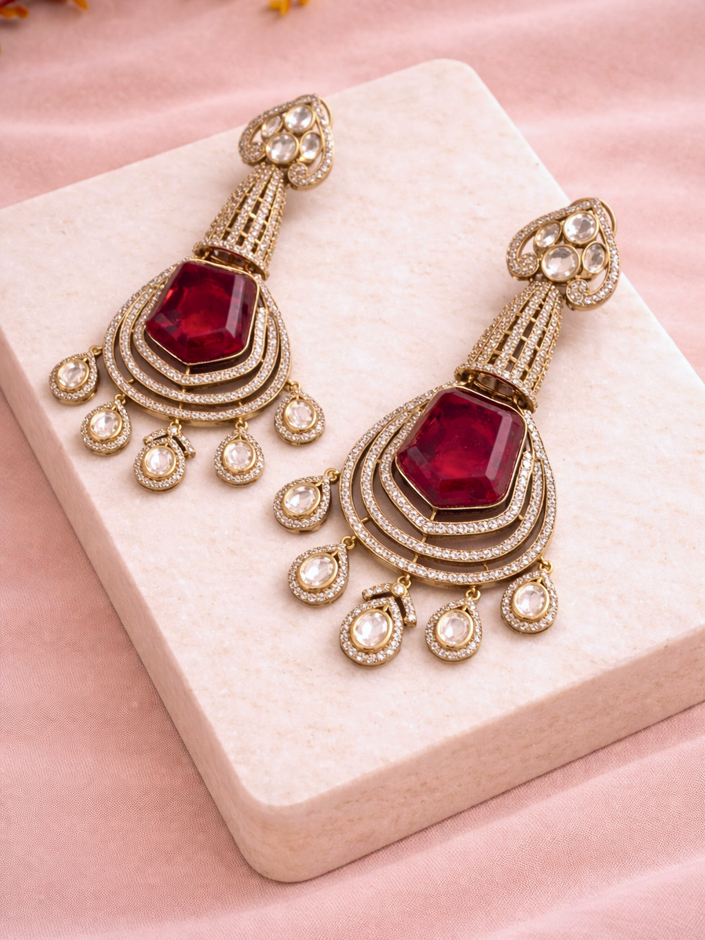 Ruby-Tone Polki Chandelier Earrings