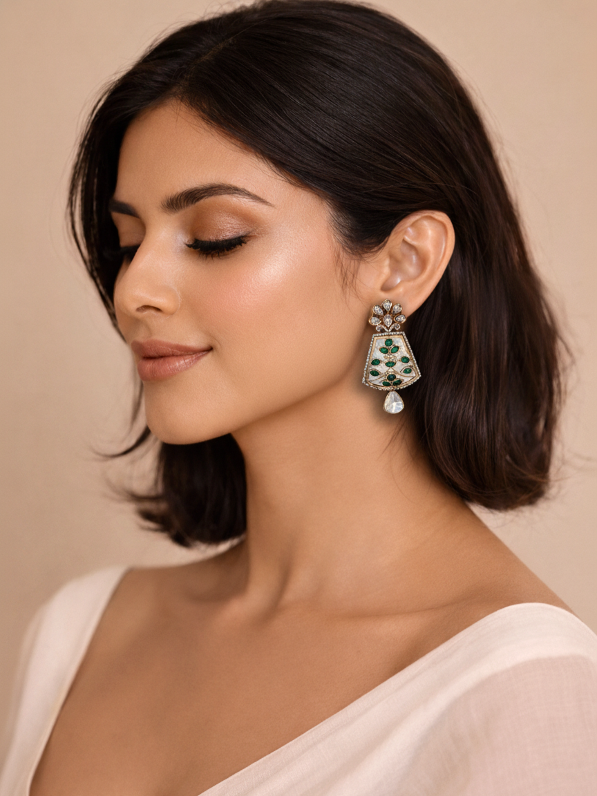 Emerald Vine Polki Drop Earrings