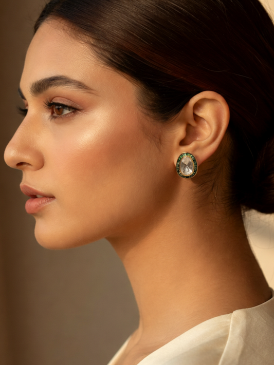 Emerald Green Polki Oval Stud Earrings