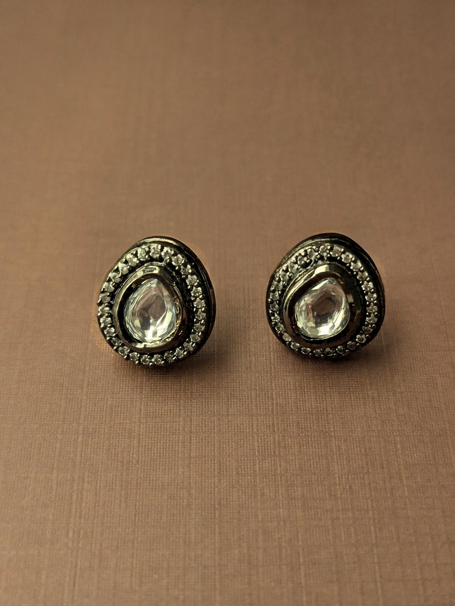 Oxidised Polki Studs with Pear-Cut Stone
