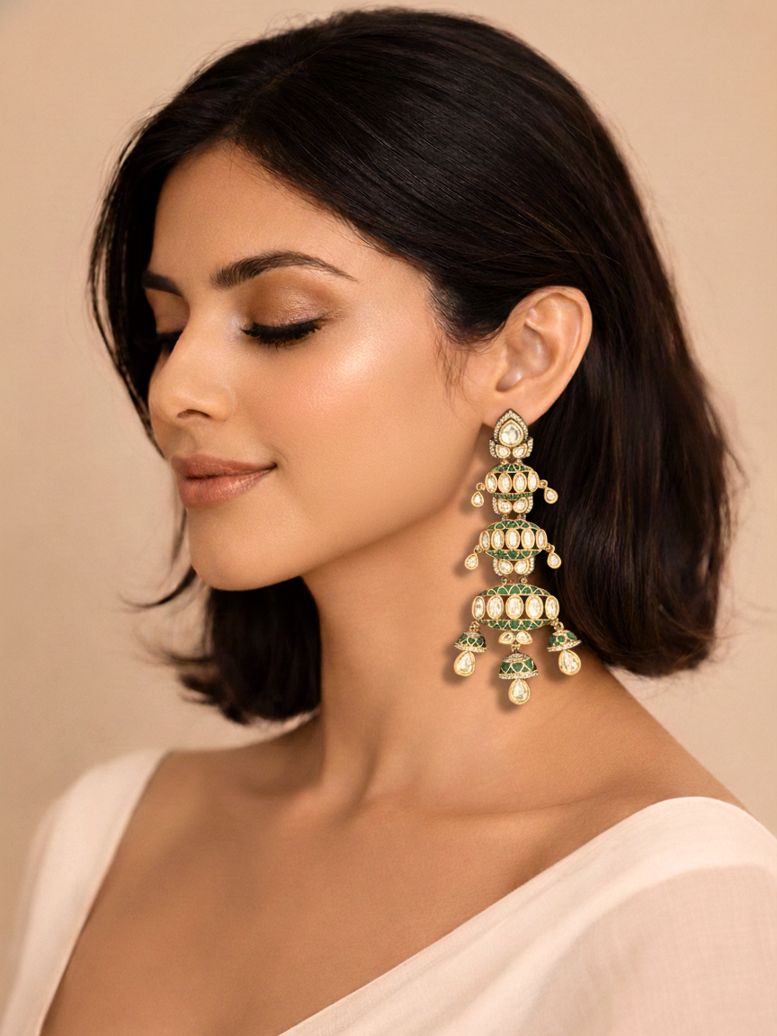 Mint Green Polki Layered Statement Earrings