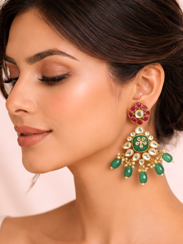 Green Beads Polki Earrings with Ruby Stones