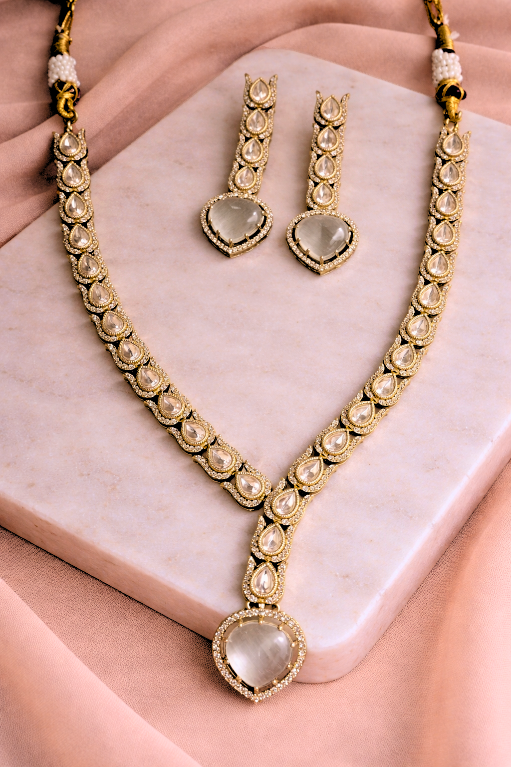 Snake Style Polki Necklace Set with Grey Stone