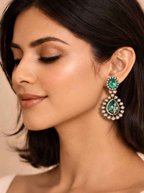 Green Polki Drop Earrings with Leaf Motif & Kundan Detailing