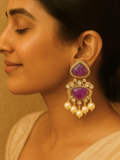 Noorvi Purple Stone Polki Statement Earrings