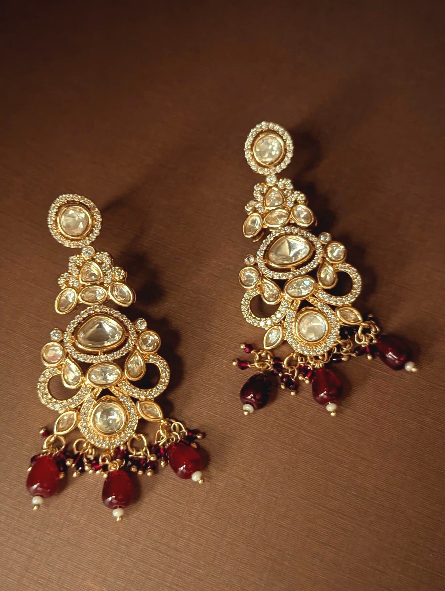 Polki Dangler Earrings with Red Drops