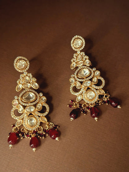 Polki Dangler Earrings with Red Drops