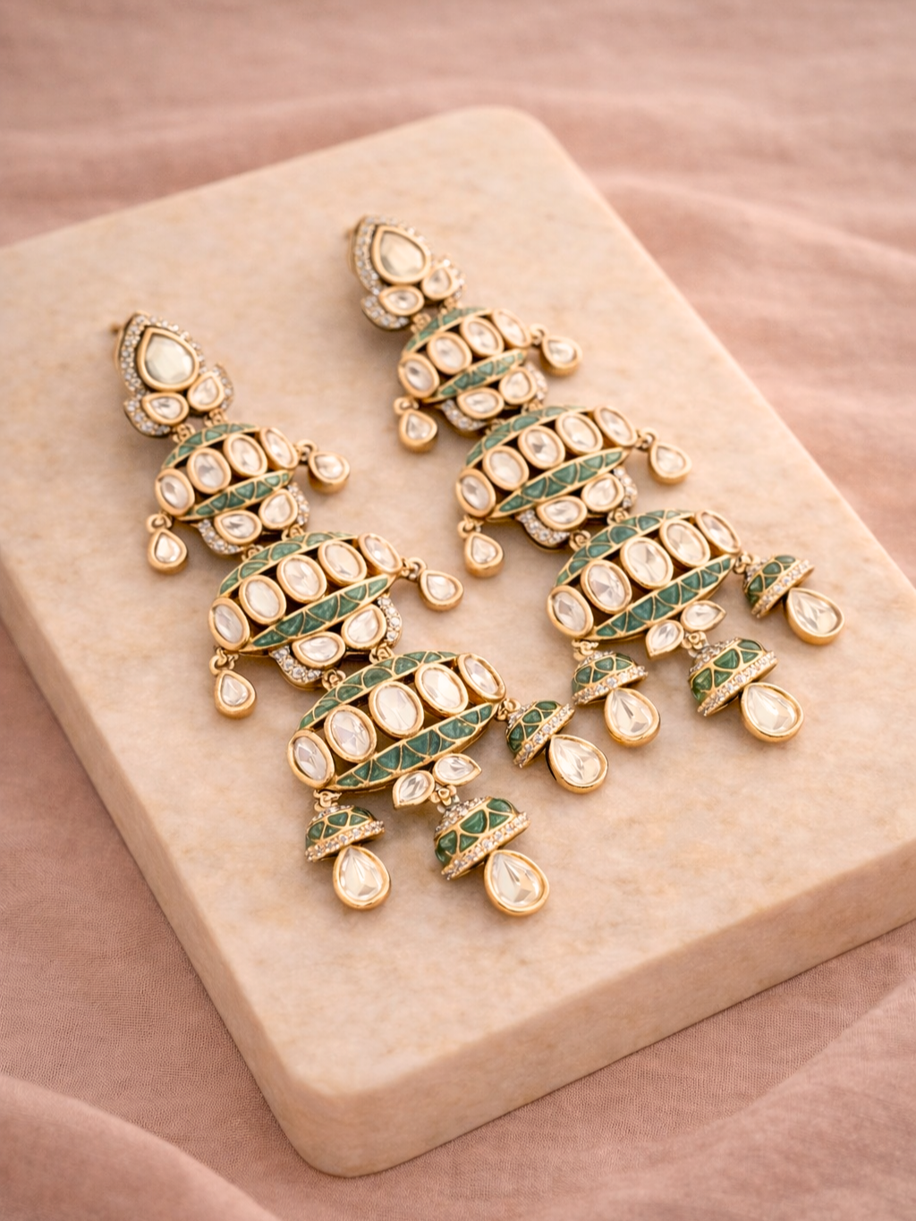 Mint Green Polki Layered Statement Earrings