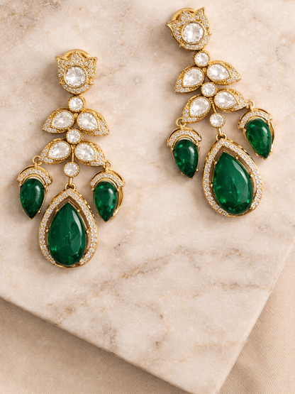 Emerald Teardrop Statement Earrings with Polki Accents