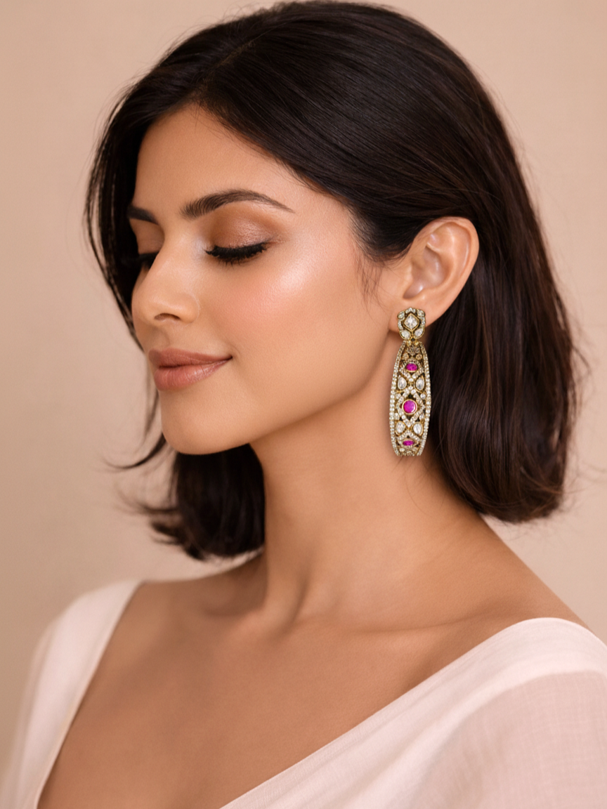 Polki Long Drop Earrings with Ruby Toned Stone