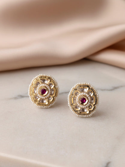 Polki Pearl Stud Earrings with Ruby Accent