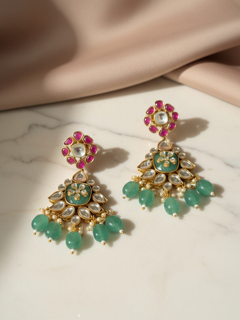 Green Beads Polki Earrings with Ruby Stones