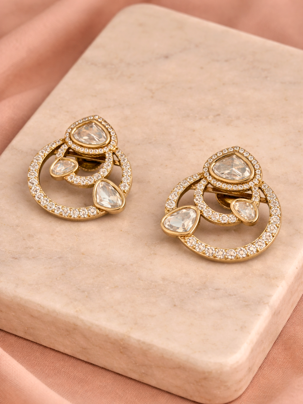 Polki Spiral Stud Earrings in Gold Finish