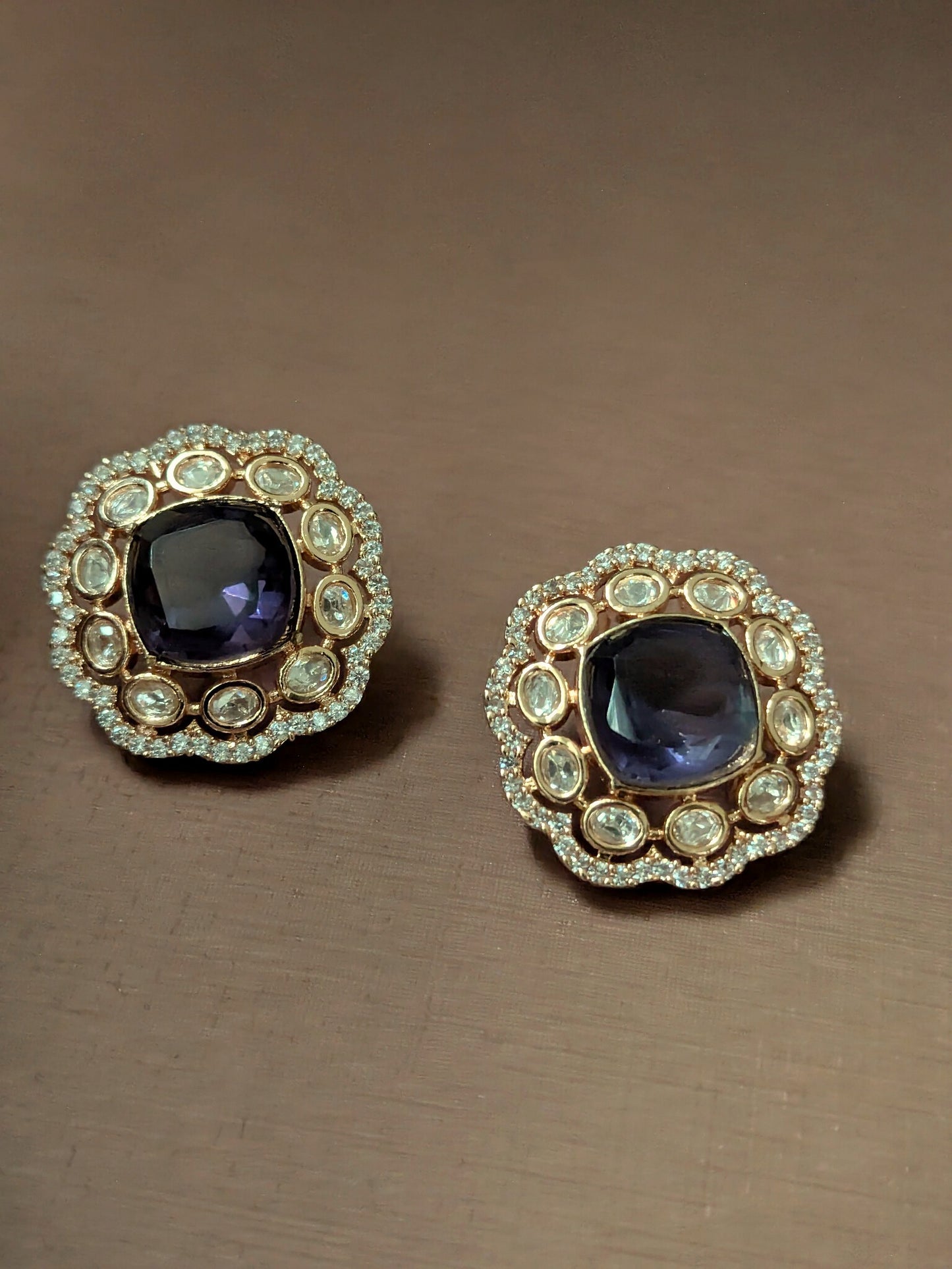 Polki Stud Earrings with Purple Stone