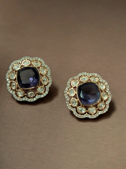 Polki Stud Earrings with Purple Stone