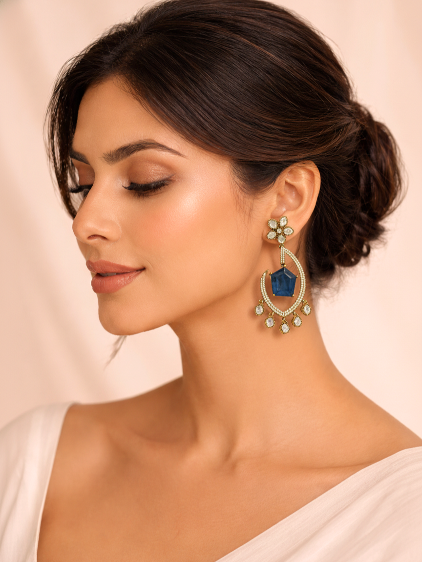 Blue Stone Polki Crescent Drop Earrings