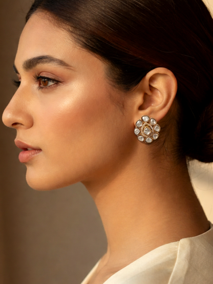 Polki Cluster Stud Earrings in Gold Finish