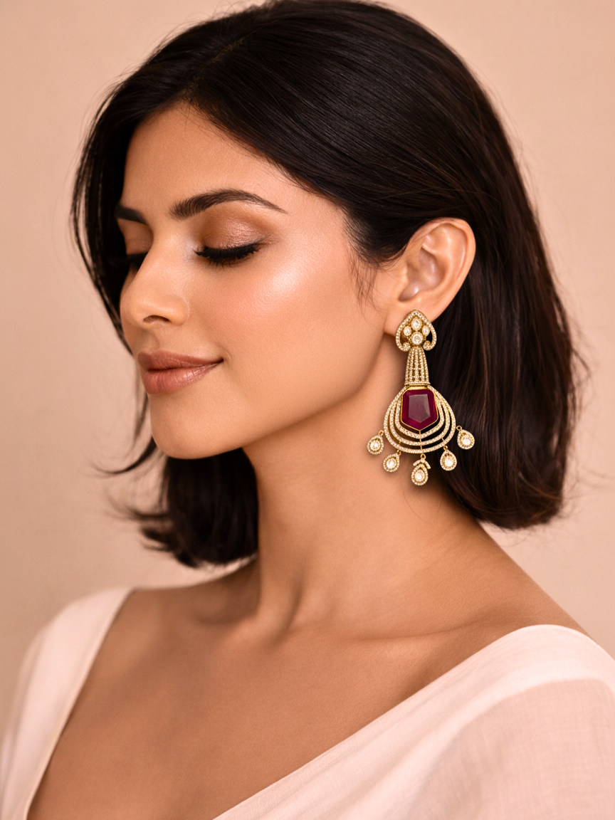 Ruby-Tone Polki Chandelier Earrings