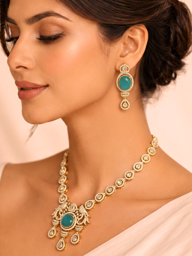 Turquoise Polki Necklace Set with Earrings