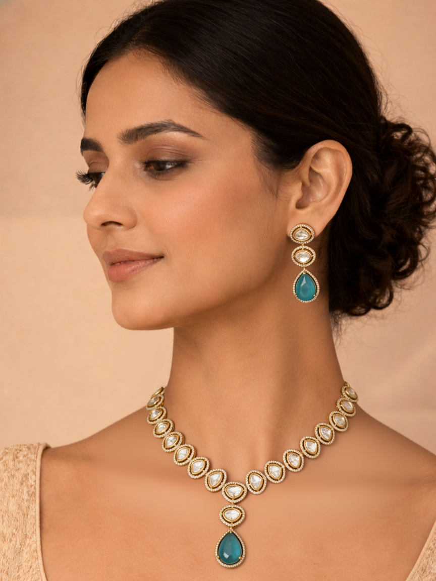 Aqua Polki Single Line Necklace Set