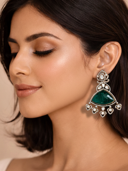 Emerald Polki Triangle Drop Earrings in Gold Finish