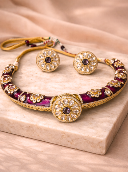 Purple Enamel Polki Hasli Necklace Set with Stud Earrings