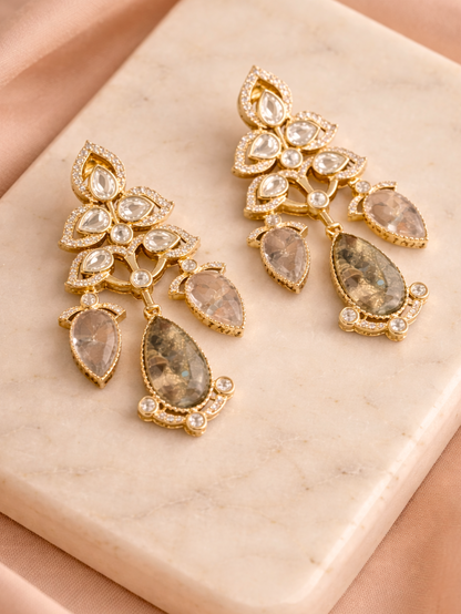 Polki-Style Pear Drop Earrings with Natural Marble Stones
