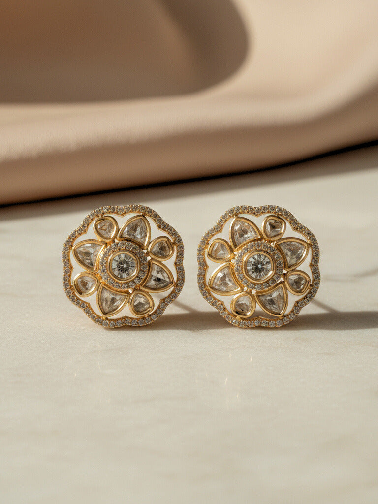 Golden Polki Stud Earrings with Floral Design