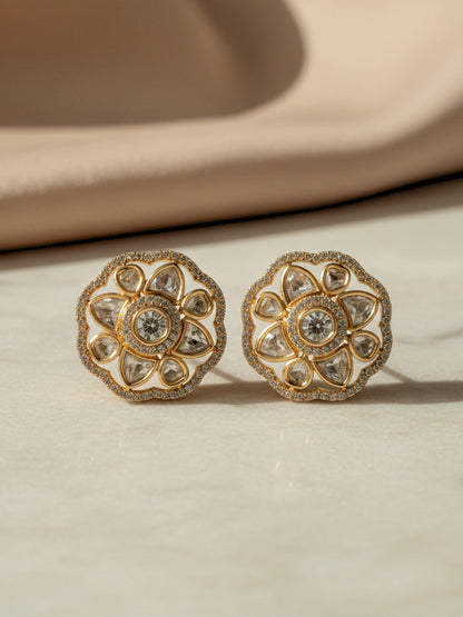 Golden Polki Stud Earrings with Floral Design