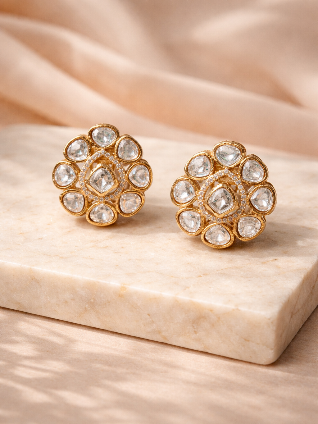 Polki Cluster Stud Earrings in Gold Finish