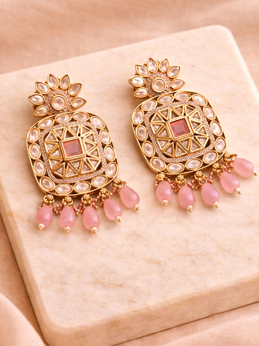 Polki Floral Earrings with Blush Pink Drops