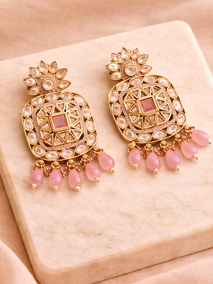 Polki Floral Earrings with Blush Pink Drops
