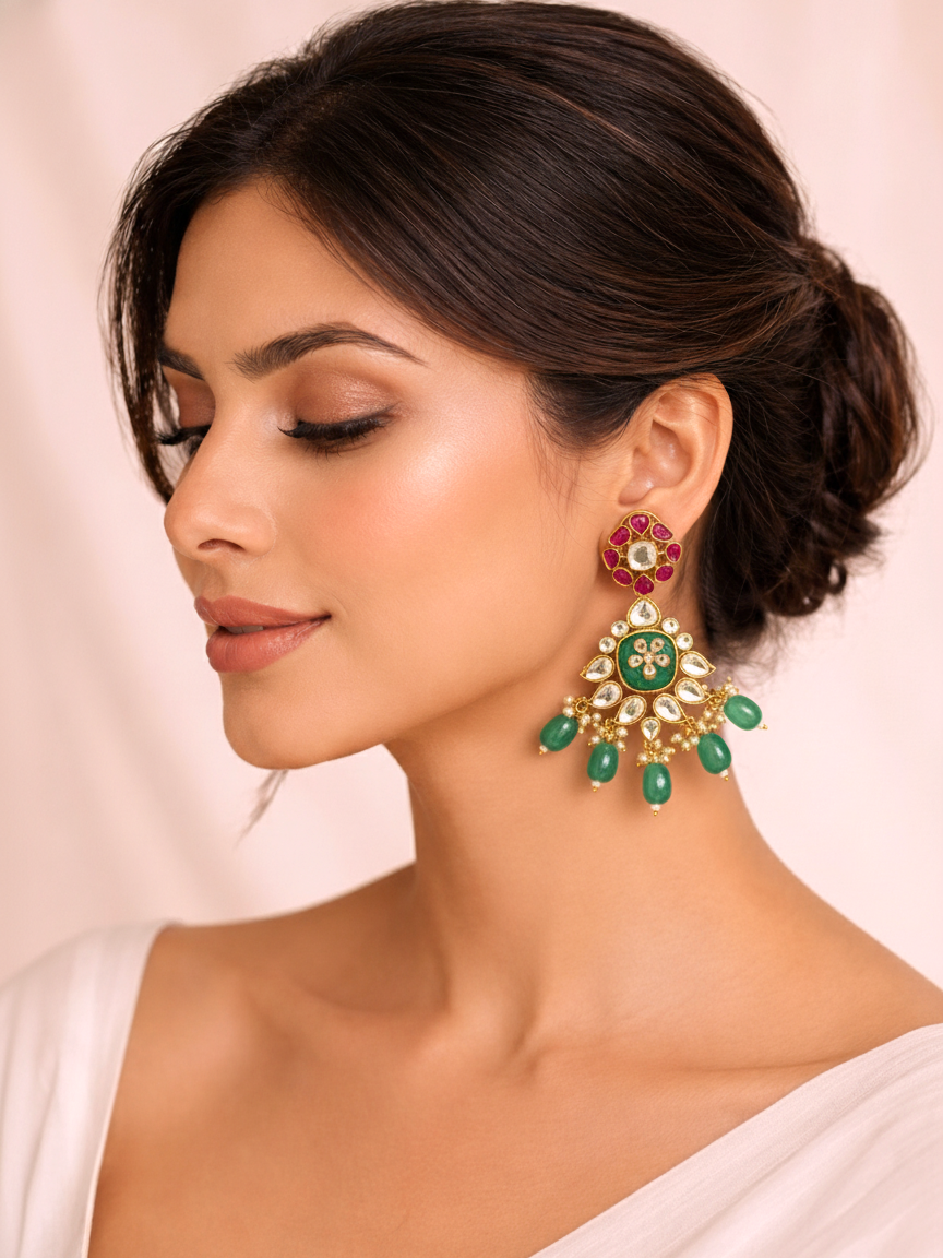 Green Beads Polki Earrings with Ruby Stones