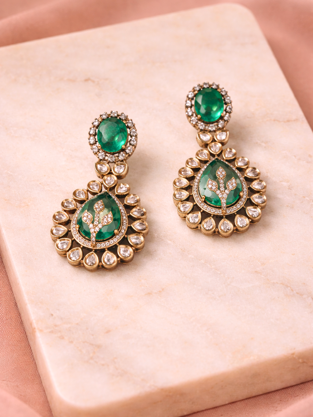 Green Polki Drop Earrings with Leaf Motif & Kundan Detailing