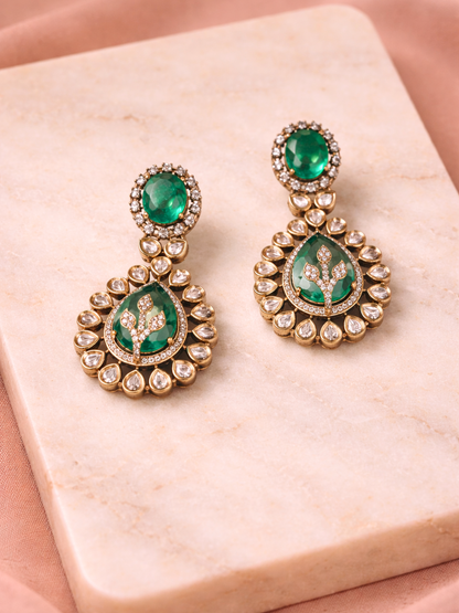 Green Polki Drop Earrings with Leaf Motif & Kundan Detailing