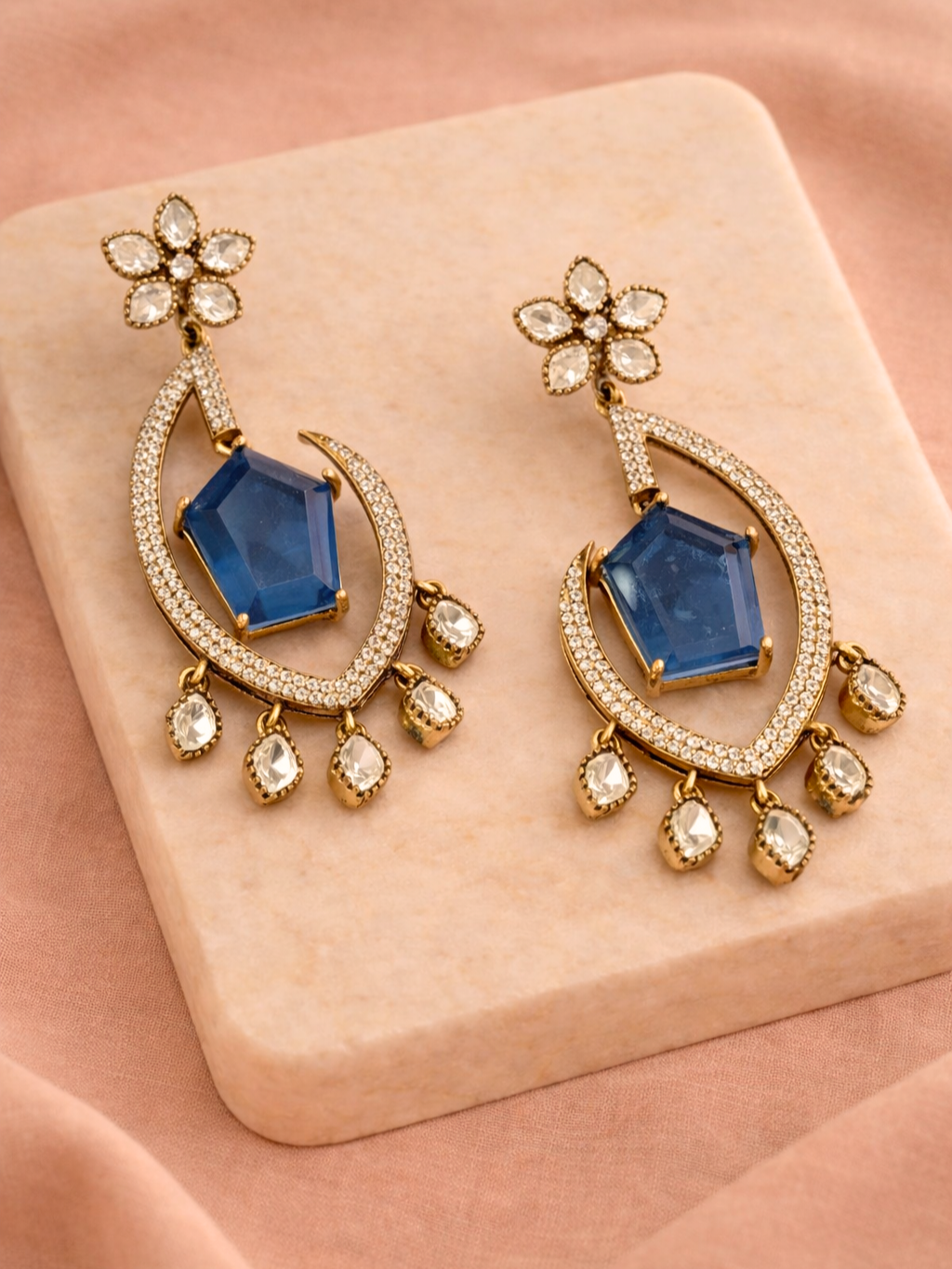 Blue Stone Polki Crescent Drop Earrings