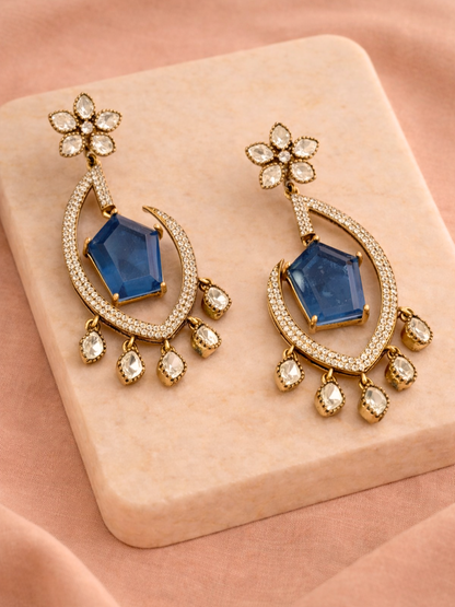 Blue Stone Polki Crescent Drop Earrings