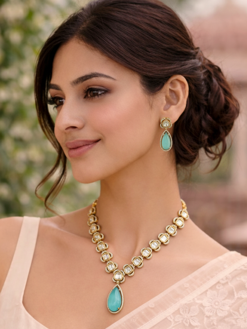 Polki Style Aqua blue Choker Necklace & Earring Set