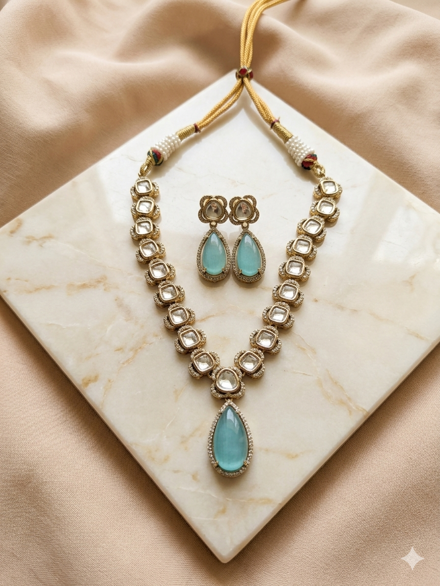 Polki Style Aqua blue Choker Necklace & Earring Set