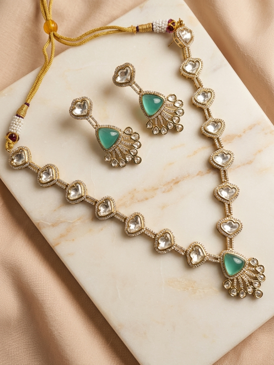 Polki Heart Necklace & Earring Set with Mint green Stones