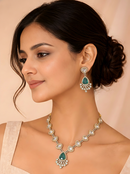 Polki Heart Necklace & Earring Set with Mint green Stones