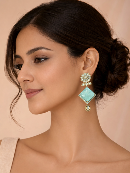 Aqua Polki Drop Earrings with Floral Stud