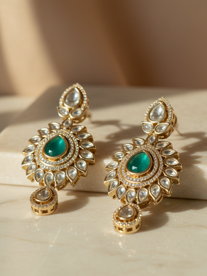 Polki Teardrop Earrings with Mint Green Stone