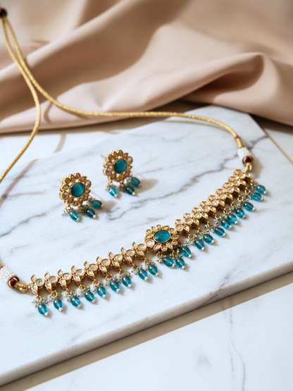 Turquoise Blue Polki Choker Set with Matching Earrings