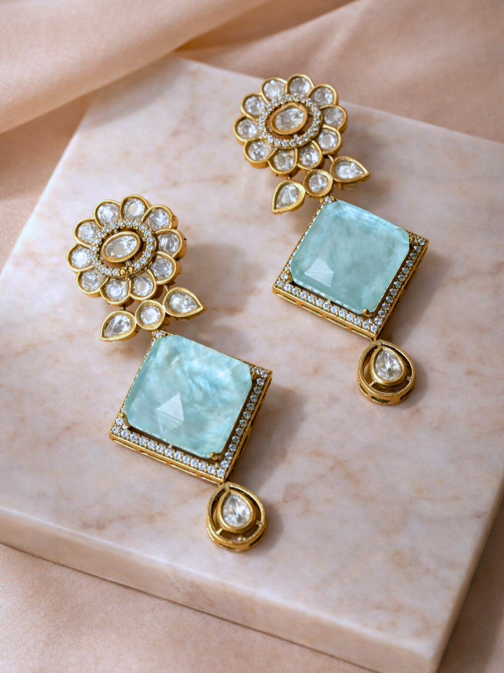 Aqua Polki Drop Earrings with Floral Stud