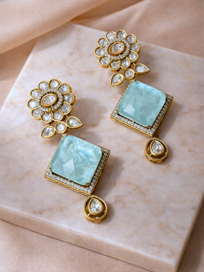 Aqua Polki Drop Earrings with Floral Stud