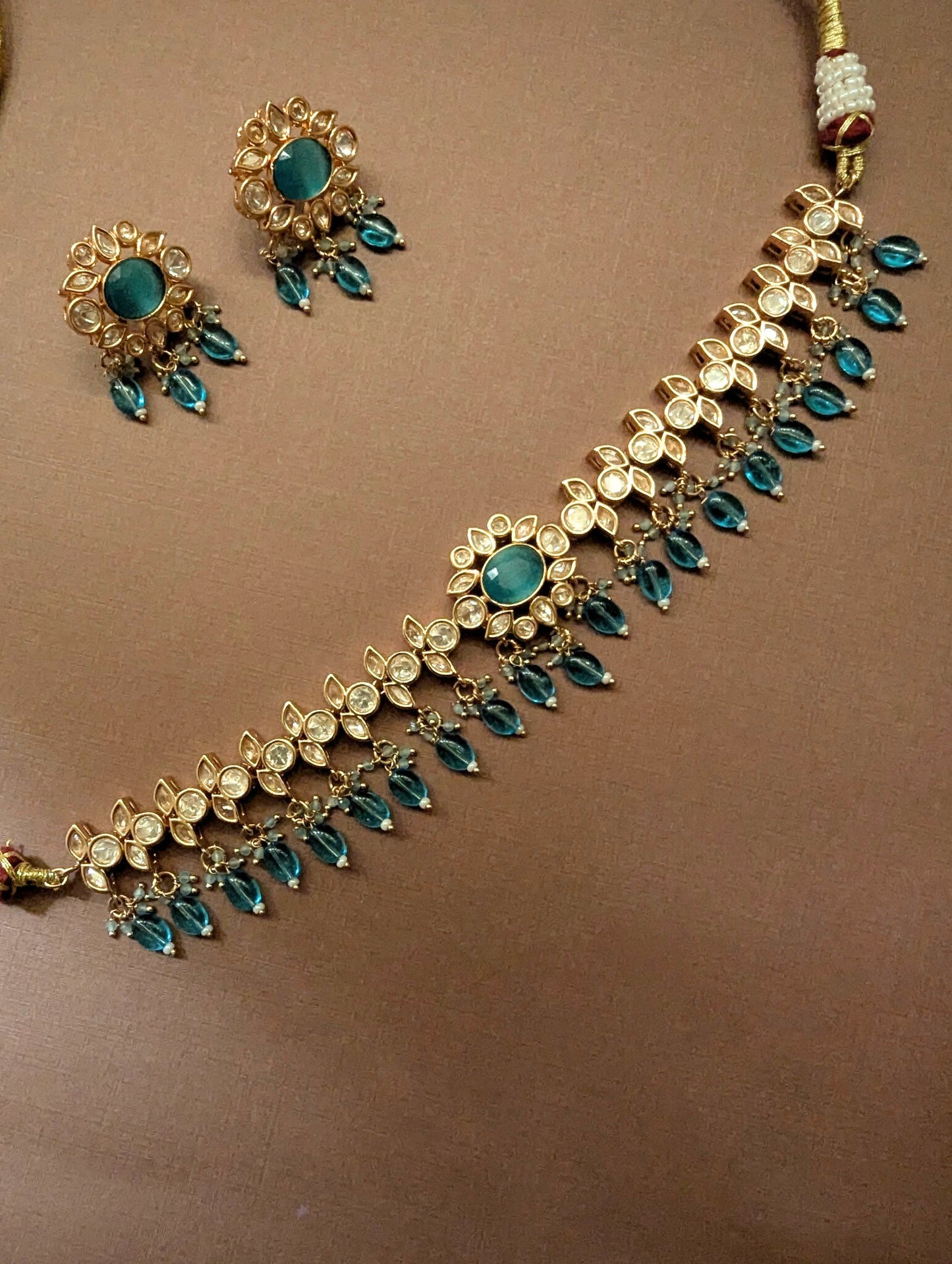 Turquoise Blue Polki Choker Set with Matching Earrings